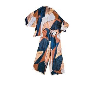 NWT Jaki London Lilith Silk Top and Pant Set Maple Abstract Print Size L/XL